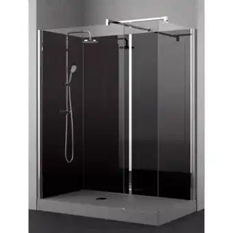 Sanitairwinkel.nl Nemo Stock Vidrio WalkInn 160x90 cm douchebak grijs sifon D90 potenstel achterwanden zwartglas glazen wanden transparant prof aanbieding