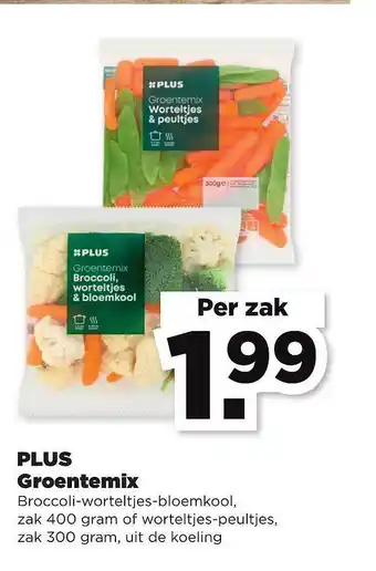 PLUS Plus groentemix broccoli-worteltjes-bloemkool of worteltjes-peultjes aanbieding