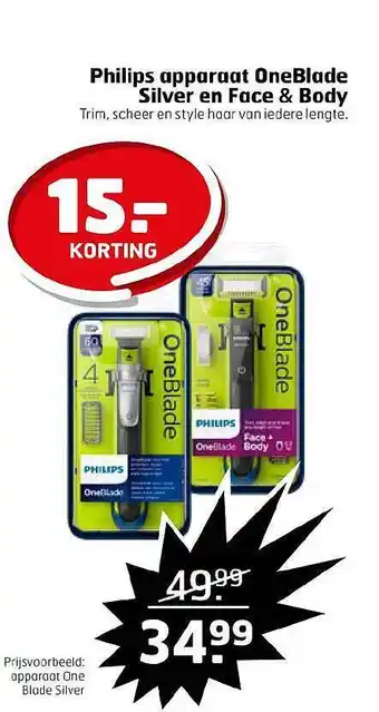 Trekpleister Philips Apparaat OneBlade Silver En Face & Body 15.- Korting aanbieding