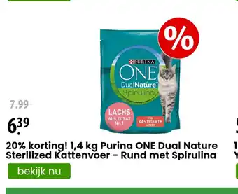 Zooplus 20% korting! 1,4 kg Purina One Dual Nature Sterilized Kattenvoer - Rund met Spirulina aanbieding