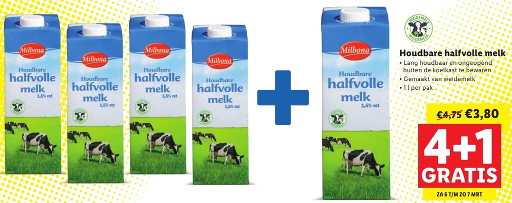 Milbona Houdbare halfvolle melk 5x1L aanbieding bij Lidl