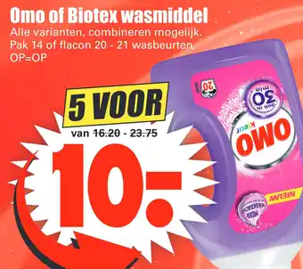 Dirk Omo of Biotex wasmiddel pak 14 of flacon 20-21 wasbeurten aanbieding