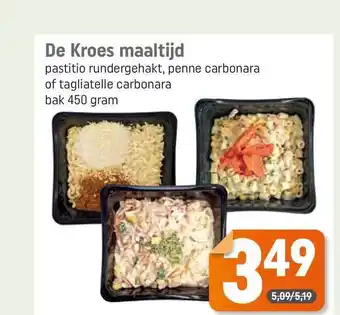 Dagwinkel De Kroes Maaltijd Pastitio Rundergehakt, Penne Carbonara Of Tagliatelle Carbonara aanbieding