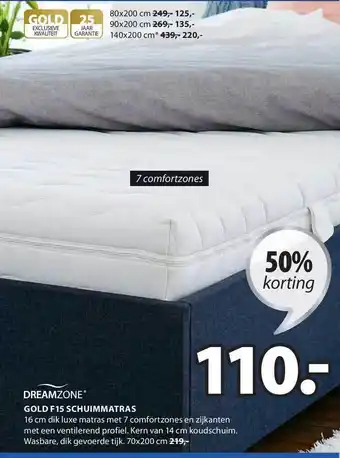 Jysk Dreamzone Gold F15 Schuimmatras 50% Korting 70x200 cm aanbieding