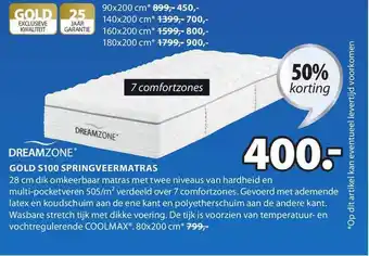 Jysk Dreamzone Gold S100 Springveermatras 50% Korting aanbieding