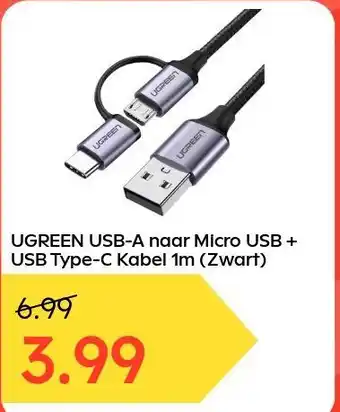 Ochama UGREEN USB-A naar Micro USB + USB Type-C Kabel 1m (Zwart) aanbieding