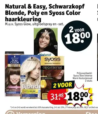 Kruidvat Natural & Easy, Schwarzkopf Blonde, Poly en Syoss Color haarkleuring aanbieding