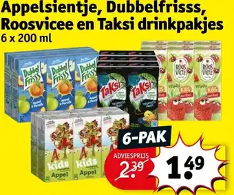 Kruidvat Appelsientje, dubbelfrisss, roosvicee en taksi drinkpakjes 6 x200 ml aanbieding