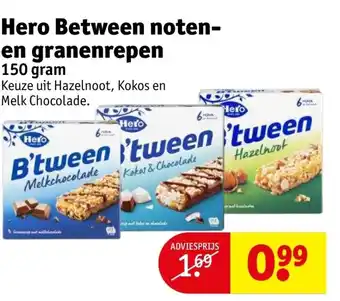 Kruidvat Hero between noten-en granenrepen 150 gram aanbieding