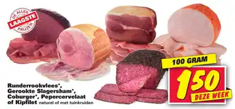 Nettorama Runderrookvlees, Gerookte slagersham, Coburger, Pepercervelaat of Kipfilet 100g aanbieding