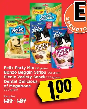 Vomar Voordeelmarkt Felix Party Mix 60g, Bonzo Beggin Strips 120g, Dental Delicious 200g, Picnic Variety snack 100g of Megabone 200g aanbieding