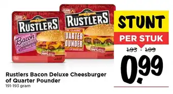 Vomar Voordeelmarkt Rustlers Bacon Deluxe Cheesburger of Quarter pounder 193g aanbieding