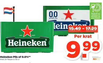 PLUS Heineken pils of 0.0%** 30 cl aanbieding