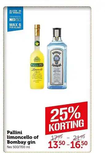 Coop Pallini Limoncello Of Bombay Gin 25% Korting aanbieding