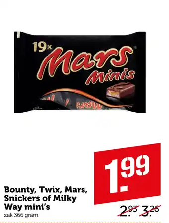 Coop Bounty, twix, mars, snickers of milky way mini's 366 gram aanbieding