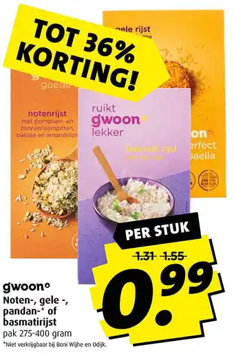 Boni gwoon noten-, gele -, pandan-* of basmatin wo st 275-400 gram aanbieding