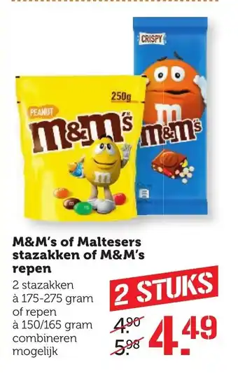 Coop M&M's of Maltesers stazakken of M&M's repen aanbieding