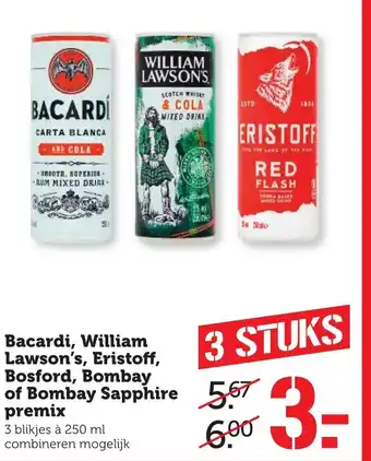 Coop Bacardi, Bombay, William Lawson's, Eristoff, Bombay Sapphire premix 3*250ml aanbieding