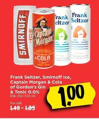 Vomar Voordeelmarkt Frank Seltzer, Smirnoff Ice, Captain Morgan & Cola Of Gordon's Gin & Tonic 0.0% aanbieding