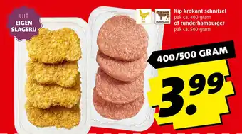 Boni Kip krokant schnitzel pak ca. 400 gram of runderhamburger pak ca. 500 gram ES aanbieding