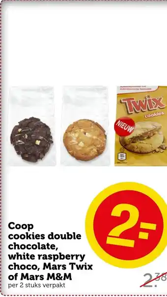 Coop Cookies double chocolate, white raspberry choco, mars twix of mars M&M aanbieding