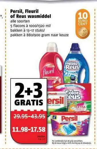 Poiesz Persil, Fleuril Of Reus Wasmiddel 2+3 Gratis aanbieding