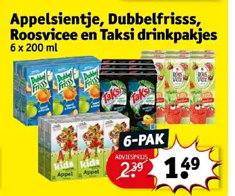 Kruidvat Appelsientje, Dubbelfrisss, Roosvicee en Taksi drinkpakjes 6x200 ml aanbieding