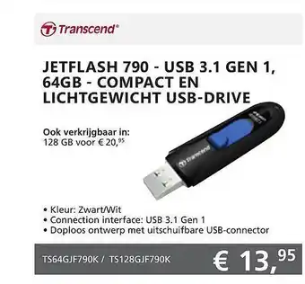 ITPRODEALS Transcend Jetflash 790 - USB 3.1 Gen 1, 64GB - Compact En Lichtgewicht USB-Drive aanbieding