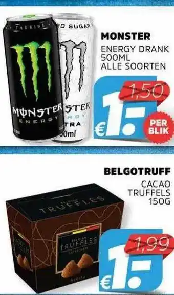 Sahan Supermarkten Monster Energy Drank 500ml Of Belgotruff Cacao Truffels 150g aanbieding