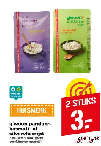 Coop G'woon pandan-, basmati- of zilvervliesrijst 1000g aanbieding