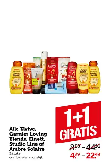 Coop Alle Elvive, Garnier Loving Blends, Elnett, Studio Line of Ambre Solaire aanbieding