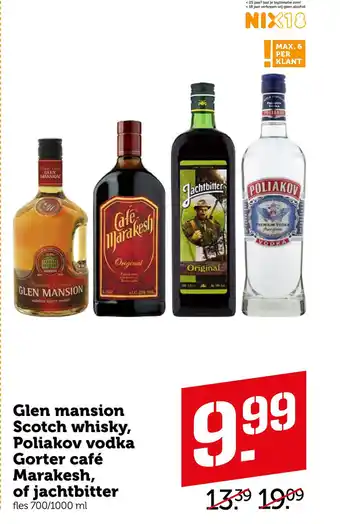 Coop Glen mansion Scotch whisky, Poliakov vodka Gorter café Marakesh, of jachtbitter aanbieding