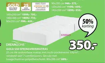 Jysk Dreamzone Gold S50 Springveermatras 80x200 cm aanbieding