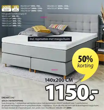 Jysk Dreamzone Gold C100 Boxspring 140x200 cm aanbieding