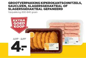 Jumbo Grootverpakking kipkrokantschnitzels, saucijzen, slagersgehaktbal of slagersgehaktbal gepaneerd 600-840 gram aanbieding