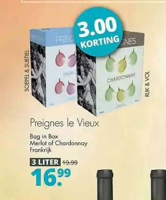 Mitra Preignes le vieux bag in box merlot of chardonnay frankrijk 3.00 Korting aanbieding