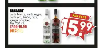 MCD Supermarkt Bacardi carta blanca, carta negra, carta oro, limón, razz, ginger of spiced 700 ml aanbieding