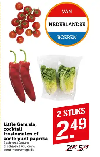 Coop Little Gem sla, cocktail trostomaten of zoete punt paprika aanbieding