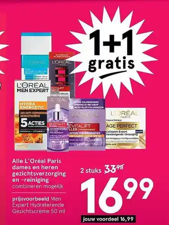 Etos Alle L'Oréal paris dames en heren gezichstverzorging en -reiniging 1+1 Gratis aanbieding