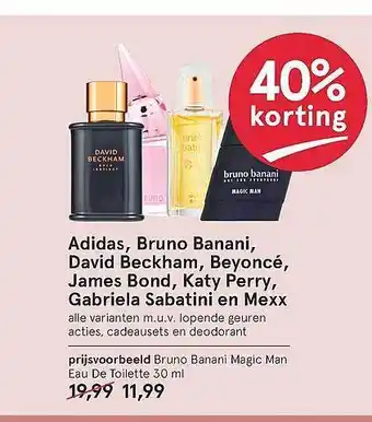 Etos Adidas, bruno banani, david beckham, beyoncé, james bond, katy perry, gabriela sabatini en mexx 40% Korting aanbieding