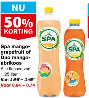 Hoogvliet Spa Mango-grapefruit of Duo mango-abrikoos 1.25L aanbieding