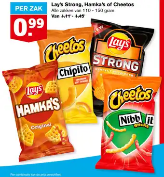 Hoogvliet Lay's Strong, Hamka's of Cheetos 100-150g aanbieding