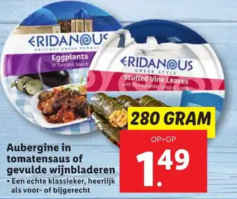 Lidl Aubergine in tomatensaus of gevulde wijnbladeren 280g aanbieding