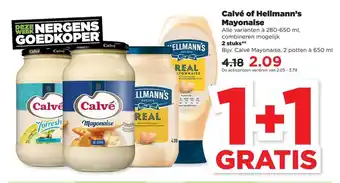 PLUS Calvé Of Hellmann's Mayonaise 1+1 Gratis aanbieding