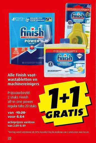 Boni Alle Finish Vaatwastabletten En Machinereinigers 1+1 Gratis aanbieding