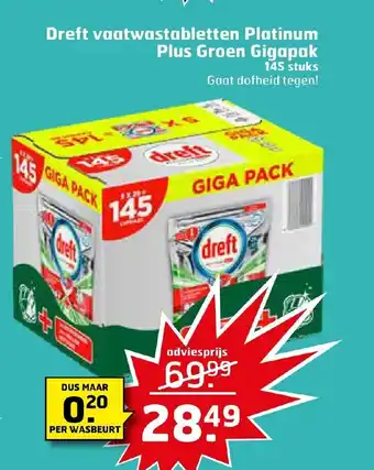 Trekpleister Dreft vaatwastabletten platinum plus groen gigapak 145 stuks aanbieding