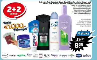 Trekpleister Andrelon, axe, badedas, dove, dove men+ care, love beauty and planet, lux, prodent, rexona, simple, vaseline en zendium aanbieding