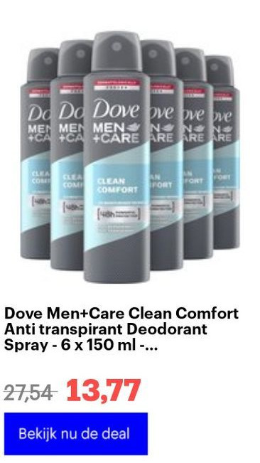 Bol.com Dove Men+Care Clean Comfort Anti transpirant Deodorant Spray - 6 x 150 ml - Voordeelverpakking aanbieding