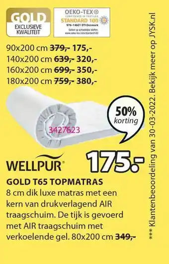 Jysk Wellpur Gold T65 Topmatras 50% Korting aanbieding