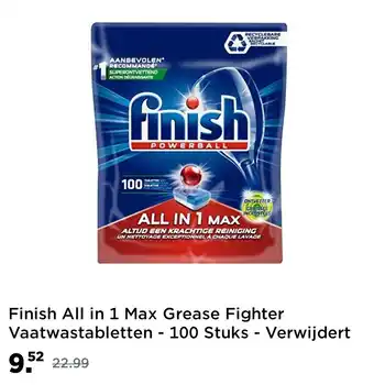 Amazon Finish All in 1 Max Grease Fighter Vaatwastabletten - 100 Stuks - Verwijdert Hardnekkige Vlekken aanbieding